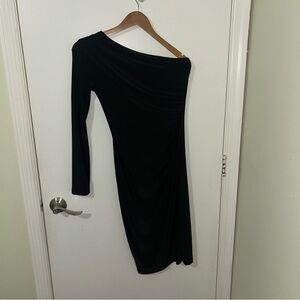 Cefiana | Women’s Black Bodycon Ruched One Shoulder Midi Dress | Size Medium